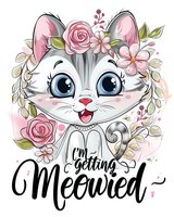Cute cartoon kitten with floral crown and "I'm getting meowied" text. White cat face with big blue eyes, pink roses and cherry blossoms on transparent background.