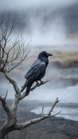 Black crow perched on bare branch overlooking misty water landscape, moody atmospheric scene suitable for wildlife, nature editorial, and environmental design projects.