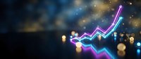 Glowing neon arrow trending upward with bokeh lights on dark blue background for business growth and financial success presentations.