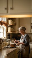 Senior Caucasian woman cooking in warm kitchen with copper pots and wooden utensils creating cozy homestyle meal preparation atmosphere.
