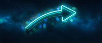 Glowing neon arrow pointing right with electric blue and green light effects against dark cosmic space background for digital design projects.