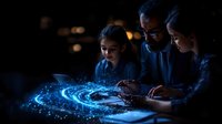 Middle-aged Asian businessman with colleagues examining glowing blue holographic spiral interface in dark office, innovative technology concept for business presentations.