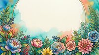 Watercolor floral frame with colorful blooms, berries, and green leaves on a soft pastel background with a round copy space center.