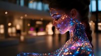 Young woman with glowing cosmic body paint and sparkles in dark interior setting, profile view showing ethereal luminescent makeup art creating magical atmosphere.