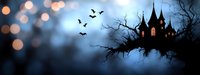 Spooky castle silhouette against moonlit sky with flying bats and glowing windows, set against dreamy bokeh background in mystical blue tones. Halloween atmosphere.