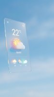 Smartphone displaying weather app with 22 degrees temperature, sunny conditions, and forecast icons on frosted glass screen against blue sky background for mobile app design.