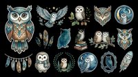 Watercolor owl clipart set isolated on transparent background, featuring multiple poses, feathers, and moon scenes, ready for stickers, t-shirt design, and print on demand.