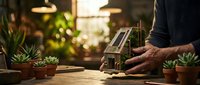 Man arranging small potted succulents on wooden table in cozy indoor garden space with warm lighting for home decor and plant care hobby activities.