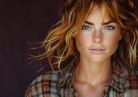 Young Caucasian woman with freckles and tousled blonde hair wearing plaid shirt, natural makeup look against dark background. Authentic portrait capturing genuine expression.