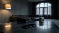 Modern minimalist loft interior with dark concrete walls, polished floor, leather sofa, floor lamp, and large arched window with sheer curtains creating moody atmospheric lighting.