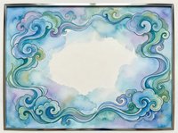 Watercolor frame with swirling blue and green clouds, soft pastel tones, empty center for text or design, dreamy sky border for cards and invitations.