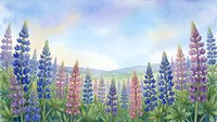 Watercolor lupine field with purple, pink and blue blooming flowers under a soft pastel sky, perfect for nature prints and greeting cards.
