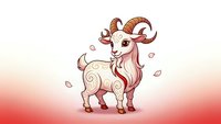 Cute cartoon goat with curly horns and decorative swirls on gradient background. Adorable farm animal character for children's books and educational materials.