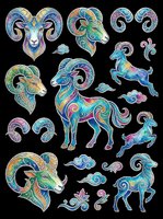 Ornamental zodiac ram and goat heads with decorative swirls, horns, and colorful patterns in blue, gold, and purple tones. Isolated on transparent background, ready for t-shirt design, stickers, clipart, sublimation, and print-on-demand projects.
