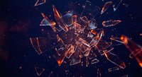 Explosive glass shards bursting with fiery orange light against dark background. Dynamic destruction effect for action scenes, gaming graphics, special effects.