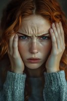 Young Caucasian woman with red hair experiencing headache, holding temples with hands, wearing gray sweater, stress and pain concept for healthcare.