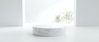 White marble podium on clean background with soft natural light and blurred plant, minimal luxury product display stage for cosmetics.