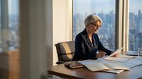 Senior businesswoman with gray hair and glasses reviewing documents at modern office desk with city skyline view through floor-to-ceiling windows, corporate workspace.