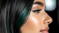 Side profile portrait of young Asian woman with green hair highlights, long eyelashes, and glowing skin against dark background, showcasing modern beauty trends.