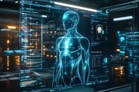 Futuristic medical interface showing holographic human anatomy scan with digital data overlay in dark laboratory environment with glowing screens and displays.