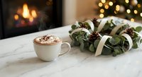 Hot chocolate with marshmallows and festive eucalyptus wreath on marble table by cozy fireplace creating warm holiday atmosphere for seasonal celebrations.