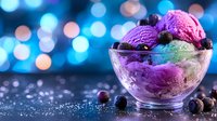 Purple berry ice cream scoops in glass bowl with fresh blueberries and bokeh lights background, frozen dessert with vibrant colors and dreamy atmosphere.