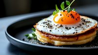 Sunny side up egg on stack of fluffy pancakes garnished with fresh microgreens and black pepper served on dark plate, close up view of gourmet breakfast.