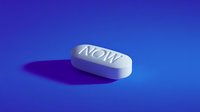 White pill with "NOW" inscription on vibrant blue background, casting dramatic shadow. Pharmaceutical concept for immediate relief medication.