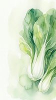 Watercolor painting of fresh bok choy with green leaves and white stems on light background for healthy cooking and organic food designs.