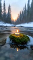 Candle burning on moss-covered rock in winter stream at sunset with snow-covered evergreen forest creating peaceful meditation atmosphere for wellness concepts.