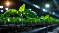 Young green seedling growing in fertile soil against blurred greenhouse background with bokeh lights, representing new life and agricultural development.