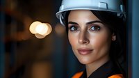 Young female construction engineer wearing white safety helmet and orange high visibility vest against dark background with bokeh lights.