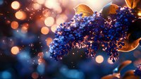 Blooming lilac branch with vibrant blue and purple flowers against blurred bokeh lights background creating magical evening atmosphere with golden glow.
