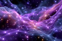 Mystical cosmic nebula with glowing purple and pink clouds against dark space background, illuminated by bright stars and ethereal light streams.