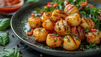 Grilled shrimp with herbs and spices on dark plate garnished with fresh basil leaves and red chili peppers, close up view of seafood appetizer.