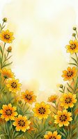 Yellow wildflower border frame with watercolor blooms and green stems on cream background for spring greeting cards and botanical designs.
