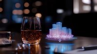Glass of rose wine next to futuristic holographic building projection on dark table with bokeh lights in background, modern architectural visualization concept.