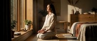 Young Asian woman in white pajamas practicing morning meditation in sunlit minimalist bedroom with wooden furniture and plants for wellness lifestyle content.
