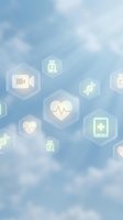 Digital healthcare technology concept with medical icons floating in cloudy sky background for telemedicine and health apps.