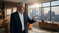 Senior Caucasian businessman in suit presenting holographic justice scales in modern office with city skyline view for legal technology concepts.