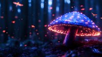 Glowing fantasy mushroom in dark forest with magical fireflies and luminescent details creating mystical atmosphere. Enchanted nature scene in blue and pink colors.