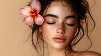 Young Asian woman with freckles and natural makeup, eyes closed in serene expression, wearing pink hibiscus flower in dark messy hair against beige background.