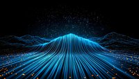 Glowing blue light streams form digital mountain landscape against dark background with scattered particles, creating futuristic technology visualization.