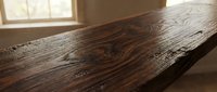 Rustic wooden table surface with natural grain patterns and weathered texture in warm interior lighting for furniture and home decor projects.