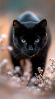 Black cat with striking blue eyes gazing intensely through dried autumn flowers against blurred natural background, creating mysterious and enchanting mood.