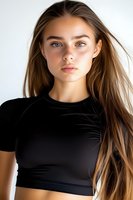 Young Caucasian woman with natural makeup and flowing brown hair wearing black crop top against white background, looking directly at camera with confident expression.