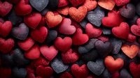 Glittering heart shapes in red, black and pink colors create romantic pattern background. Textured love symbols with sparkly surface for Valentine's Day designs.
