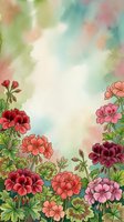 Watercolor geranium flowers frame with soft pastel background for spring greeting cards, invitations and botanical design projects.