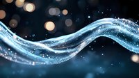 Glowing blue wave with sparkling particles flows against dark background with bokeh lights, creating magical ethereal atmosphere for abstract designs.