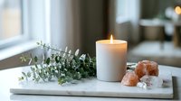 Spa wellness setup with lit candle, eucalyptus branch and pink salt crystals on marble tray creating peaceful relaxation atmosphere for self-care rituals.